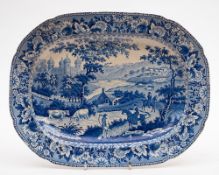 A Cambrian or Glamorgan transfer decorated meat plate: printed in blue in the Ladies of Llangollen
