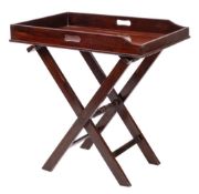 A 19th Century butler's mahogany two-handled rectangular tray:, on an X-frame folding stand,