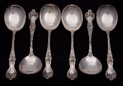 A set of six Sterling silver soup spoons, stamped marks: initialled,