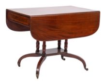 A Regency mahogany and inlaid drop flap breakfast table:, the hinged top with D-shaped leaves,