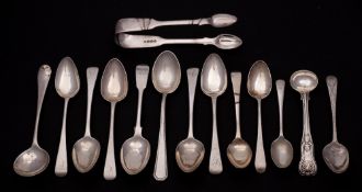 A mixed lot of assorted silver flatwares various makers and dates: includes, sugar tongs, tea,