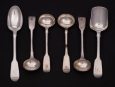 A set of four George IV silver Fiddle pattern mustard spoons, maker Thomas Dicks, London,