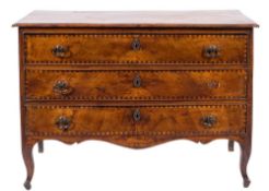 An 18th Century French Provincial walnut rectangular commode:, with chequer inlaid banding,