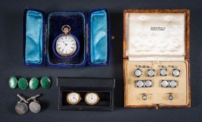 A set of Art Deco cuff-links and studs (unmarked) in an Austin Reed fitted case,