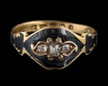 A Victorian 18ct gold, diamond and black enamelled ring: possibly circa 1874,