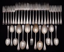 A matched slver Old English pattern part flatware service, various makers and dates: initialled,