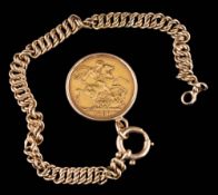 A gold curb-link bracelet: (possibly 9ct purity) with attached sovereign dated 1880,