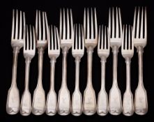 A set of six Victorian silver double struck Fiddle and Thread pattern table forks,