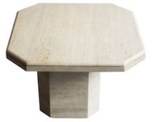 A contemporary travertine octagonal coffee table:, on a pedestal base, 70cm (2ft 3 1/2in) across,