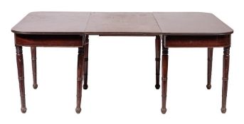 A Regency mahogany D-end dining table:, in two parts, one with a rectangular hinged leaf,