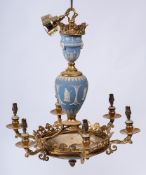An ornate gilt metal and Wedgwood pale blue jasperware hanging light fitting; 60cm drop,