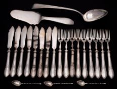 A Portuguese silver cake slice, stamped marks: 25cm long, a Continental silver serving spoon,