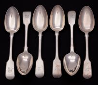 A matched set of six Victorian silver Fiddle pattern dessert spoons,
