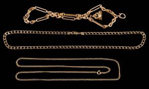 A 9ct gold antique chain with attached 9ct gold fob seal and two 9ct gold chains,