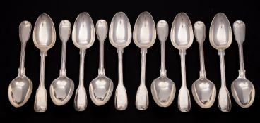 A set of nine George III silver double struck Fiddle and Thread dessert spoons, maker Paul Storr,