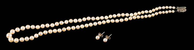 A cultured pearl single-string necklace: on a diamond-set '9ct' stamped clasp,