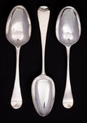 Three George III silver Hanoverian pattern tablespoons, various makers and dates,