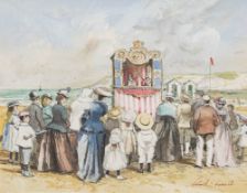 * John Strickland Goodall [1908-1996]- Punch & Judy on the beach,:- signed, watercolour, 16.5 x 21.