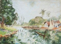 Anglo/African School 20th Century- A village by a river, figure and canoe in the foreground,