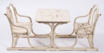 By Thonet A child's bentwood sleigh table and chairs:, later cream painted,