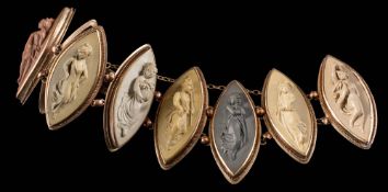 A 19th century lava cameo bracelet: comprising eight marquise shaped open backed links depicting