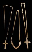 Two 9ct gold chains with attached gold cross pendants and a 9ct gold heart motif necklet: