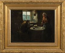 J Watson Milne [19/20th Century]- Couple in a Cottage Interior,:- signed bottom left oil on board,