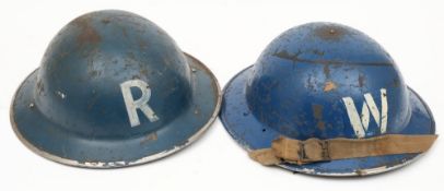 A WWII Mk II 2A pattern Warden's helmet: in blue with white 'W' to front and rear,