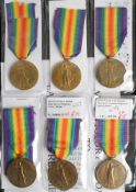 Six WWI Victory Medals: '37381 Pte W Howart Lanc R' '6622 D A J Wood DH RNR' '35253 Pte A M Roberts