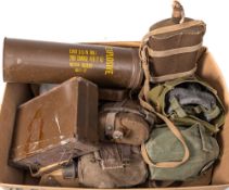 A collection of various militaria: including canvas map cases, water bottles etc.