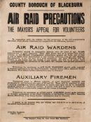 A WWII County Borough of Blackburn Air Raid Precautions poster: asking for volunteers dated 1937