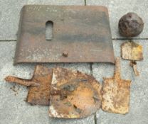 A WWI German sniper's shield: together with three battlefield relic shovels and a cannon ball.
