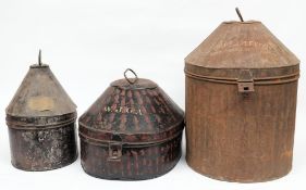 An Edwardian lacquer helmet tin: with brass plaque 'D Cree Esq.