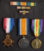A WWI trio to '42847 Spr J Bale RE' mounted with ribbon bars in a display case: together with a WWI