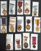 A group of Masonic gilt and enamel jewels: various lodges and dates including a Treasurer Breast