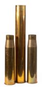 A large Russian 7 inch shell case, together with a pair of British 4.
