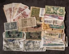 A collection of world banknotes including four Canadian 25c notes: Armed Forces notes,