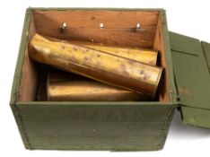 A group of six various shell cases: in an associated overpainted wine case.