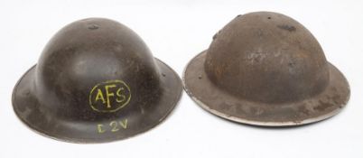 Two WWII Mk II Auxiliary Fire Service steel helmets: one with yellow 'AFS D2V' to front with liner