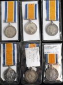 Six WWI War Medals: '5312 Pte H J Glenister 6-Lond R' 'Pte P W Cooper 6th SAI' '33263 Dvr A