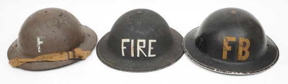 Three WWII Mk II pattern Fire Party/Brigade steel helmets:,