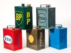 Five various vintage petrol cans: Esso,
