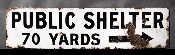 A WWII enamel Air Raid sign 'Public Shelter 70 Yards' with right pointing arrow,