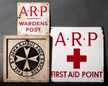A WWII enamel sign 'ARP First Aid Point': 38 x 38cm,