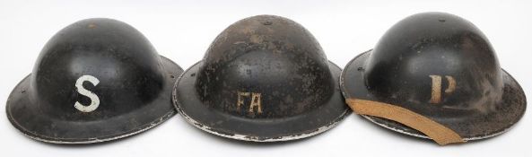 Three WWII Home Service steel helmets: one marked 'S' (Spotter) with the name 'Pope' stencilled to