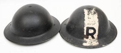 A WWII Rescue Party steel helmet: black with broad white stripe and black letter 'R',