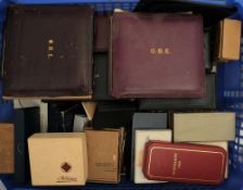 A collection of empty medal boxes: mainly British issue including MBE,