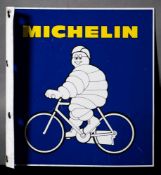 A Michelin Bicycle double sided enamel advertising sign: yellow text over Bibendum on a bicycle on