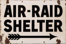A WWII enamel double sided sign 'Air-Raid Shelter' with directional arrow by Chrono,