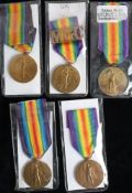 Five WWI Victory Medals: '116730 Pte R J Tottle MGC' with shoulder badge '157354 Gnr F W Vine